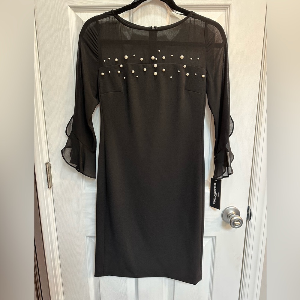 BNWT Black Lagerfeld dress with pearls and sheer chest and sleeves size 0